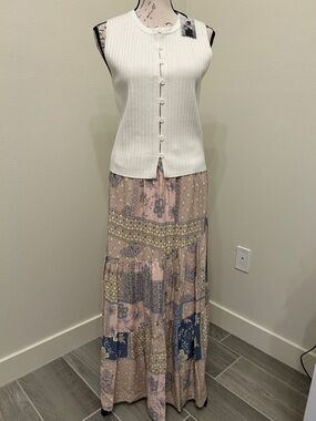 Sincerely Jules 2-piece Patchwork Maxi Skirt & Cream button-front Sweater